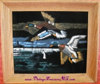Image for Velvet Painting Ducks-Mallards-Drakes Flying Over a Marsh Vintage ca 1950s-1970s Framed <b><span style='color:red'> *****PARCEL POST SHIPPING INCLUDED – DOMESTIC ORDERS ONLY!***** </span></b><span style='color:purple'>