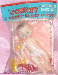 Image for Johnny Wetting & Dress Set “I Drink-Sleep-Wet” Vintage Plastic Doll PLUS Accessories Mint-in-Package <b><span style='color:red'>*****PRIORITY MAIL SHIPPING INCLUDED – DOMESTIC ORDERS ONLY!***** </span></b><span style='color:purple'>