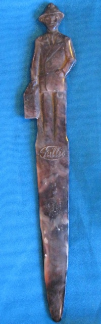 Image for Fuller Brush Company “Salesman” Advertising Icon Vintage ca 1920s-1930s Figural Gray & Mauve Marbled-design Celluloid Letter Opener <b><span style='color:red'> *****FIRST CLASS SHIPPING INCLUDED – DOMESTIC ORDERS ONLY!***** </span></b><span style='color:purple'>