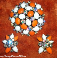 Kramer Milk Glass & Rhinestones Orange & White Vintage Brooch/Pin & Earrings Set <b><span style='color:red'> *****FIRST CLASS SHIPPING INCLUDED – DOMESTIC ORDERS ONLY!***** </span></b><span style='color:purple'> Image for Kramer Milk Glass & Rhinestones Orange & White Vintage Brooch/Pin & Earrings Set <b><span style='color:red'> *****FIRST CLASS SHIPPING INCLUDED – DOMESTIC ORDERS ONLY!***** </span></b><span style='color:purple'>