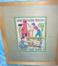 Image for Amish-Quakers Imagery “Men Make Houses, Women Make Homes” Folk Art Saying Vintage Robert Darr Wert-by-Hand Shabby Chic Framed Linen Tea Towel Textile Picture <b><span style='color:red'> *****PRIORITY MAIL SHIPPING INCLUDED – DOMESTIC ORDERS ONLY!***** </span></b><span style='color:purple'>