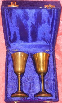 Brass Toasting Goblets in Original Fitted Satin-lined Velvet Presentation Case Vintage ca 1950s-1970s <b><span style='color:red'> *****PARCEL POST SHIPPING INCLUDED – DOMESTIC ORDERS ONLY!***** </span></b><span style='color:purple'> Image for Brass Toasting Goblets in Original Fitted Satin-lined Velvet Presentation Case Vintage ca 1950s-1970s <b><span style='color:red'> *****PARCEL POST SHIPPING INCLUDED – DOMESTIC ORDERS ONLY!***** </span></b><span style='color:purple'>